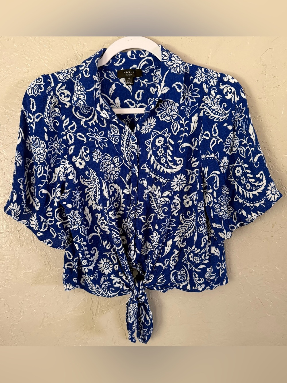 Haver London Blue and White Paisley Tie-Front Blouse